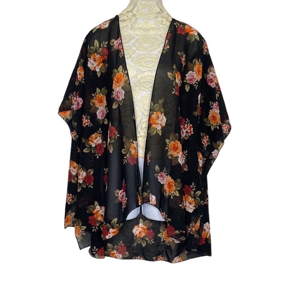 Truth NYC Kimono Wrap Womens XL Black Floral Sheer Open Front Boho Whimsygoth